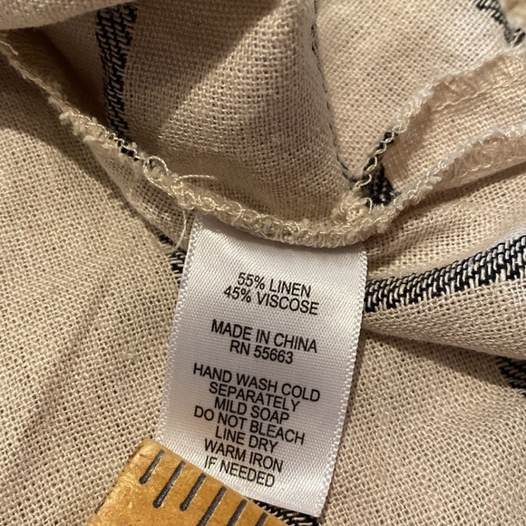 For Cynthia Linen Blend V Neck Cap Sleeve Asymmetrical Tan Black Stripe Dress S - Picture 4 of 6